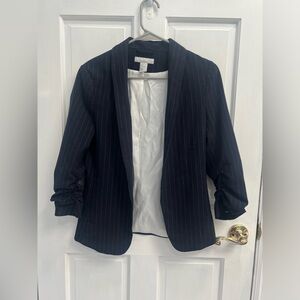 H&M Navy Blue Pin Stripe Open Front Work Blazer Ruched 3/4 Sleeves Sz 2 PreLoved